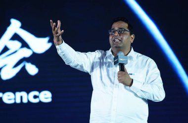 Vijay Shekhar Sharma, founder of Indian e-payment and e-commerce company Paytm, delivers a speech during the 2017 Global Netrepreneur Conference in Hangzhou city, east China's Zhejiang province, 11 July 2017 clipart