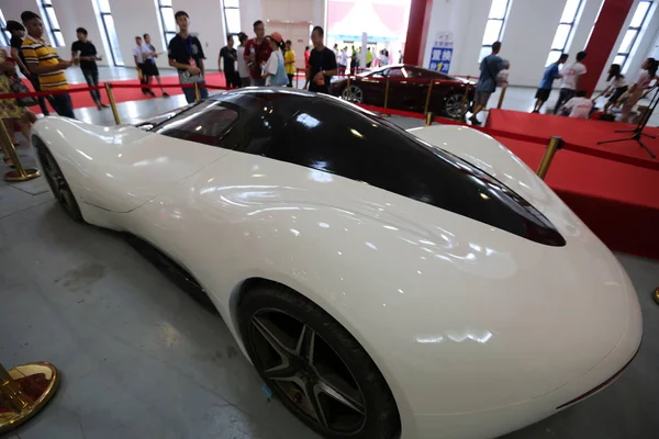 自家製の電動スポーツ車 興ロング 陳老子の中国車愛好家によって発明された会期中 2017 海南国際自動車産業 2017 日の中国南部の海南省海口市で展示されて — ストック写真