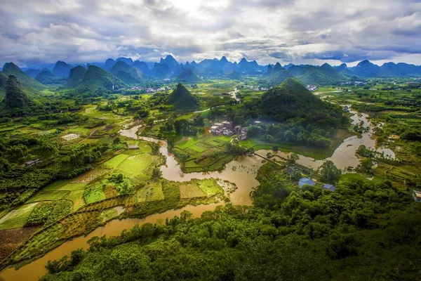 Letecký Pohled Zaplavený Přítok Řeky Lijiang Nebo River Protéká Vesnicí — Stock fotografie