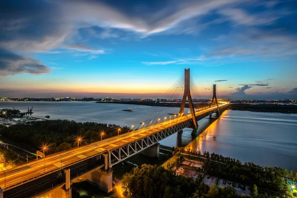 Paisaje Del Puente Del Río Tianxingzhou Yangtze Atardecer Ciudad Wuhan — Foto de Stock