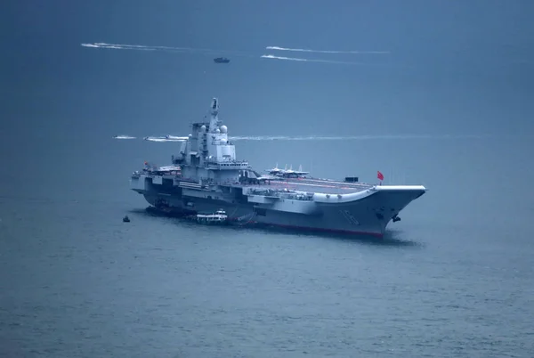 Flotilla Including China First Aircraft Carrier Liaoning Pictured Visit Mark — Stock Photo, Image