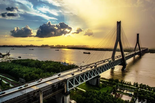 Dekoracje Tianxingzhou Yangtze River Bridge Zachodzie Słońca Wuhan City Prowincja — Zdjęcie stockowe