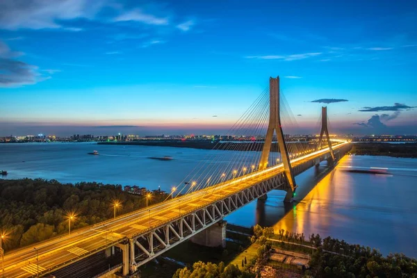 Paisaje Del Puente Del Río Tianxingzhou Yangtze Atardecer Ciudad Wuhan — Foto de Stock