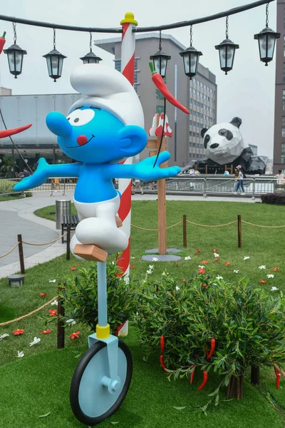Widok All Smurfs Wystawa Sztuki Chengdu International Finance Square Ifs — Zdjęcie stockowe