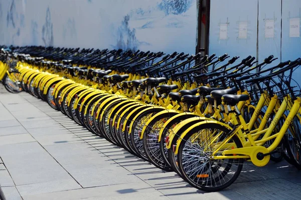 Bicicletas Del Servicio Chino Bicicletas Compartidas Ofo Alinean Una Carretera — Foto de Stock