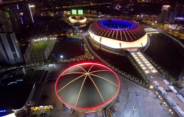 Luftaufnahme Des Olympiastadions Von Tianjin Bei Nacht Tianjin China Juli — Stockfoto