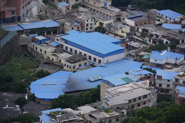 Aerial View Illegally Built Blue Rooftops Built Apartment Owners Residential — Stock Photo, Image