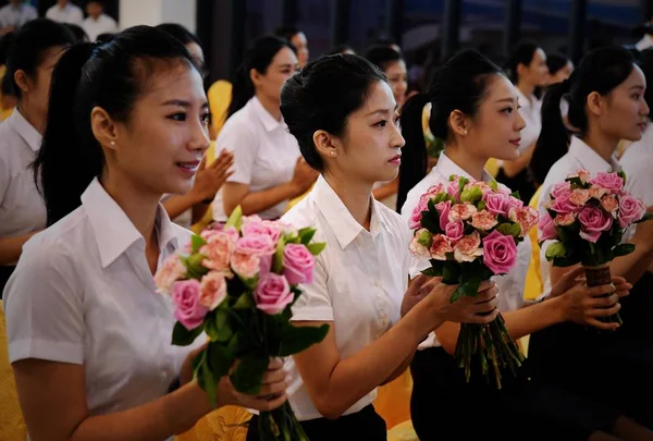 Hospedeiras Aéreas Primeiro Lote Tripulação Cabine Xiamen Airlines Taiwan Participam — Fotografia de Stock