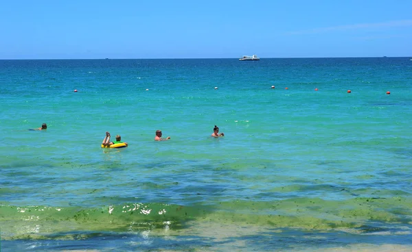 Los Turistas Divierten Agua Contaminada Con Floración Algas Color Verde — Foto de Stock