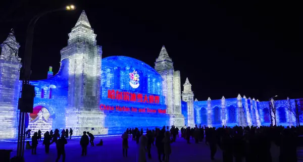 Vista Esculturas Gelo Iluminadas Exibição Durante Vigésimo Mundo China Harbin — Fotografia de Stock