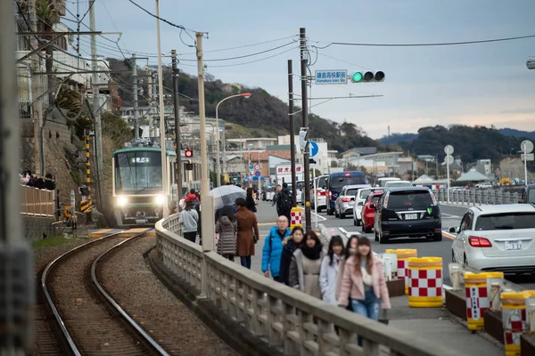 Een Trein Enoden Regel Treedt Het Kamakura Koko Mae Station — Stockfoto