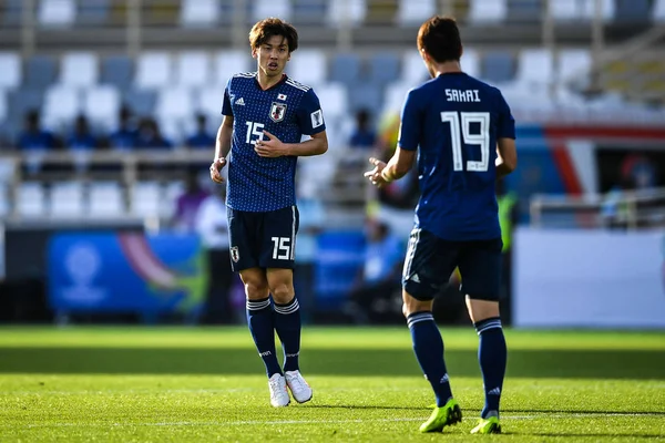 Осако Слева Сборной Японии Футболу Празднует Своим Товарищем Команде После — стоковое фото