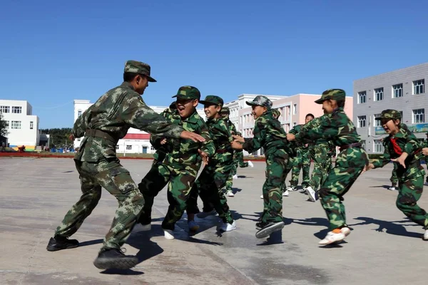 Primary Students Take Part Military Training School Beginning Semester Altay — Stock Photo, Image