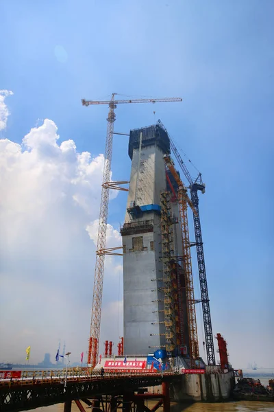 Vue Site Construction Long Pont Haubans Monde Pont Fleuve Yangtze — Photo