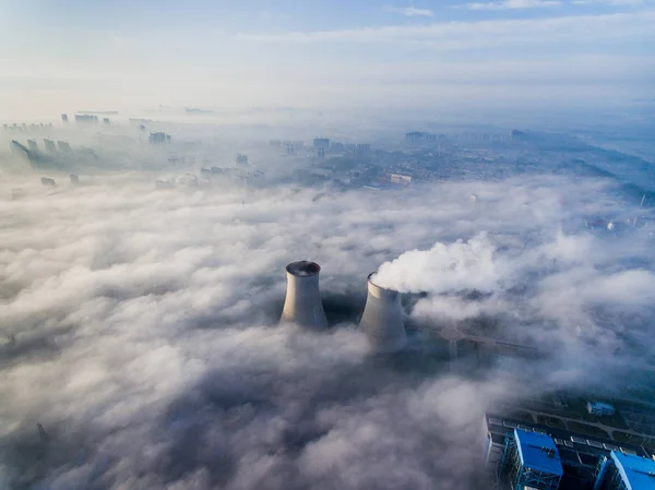 Fumée Est Évacuée Des Cheminées Centrale Électrique Jiangsu Xutang China — Photo