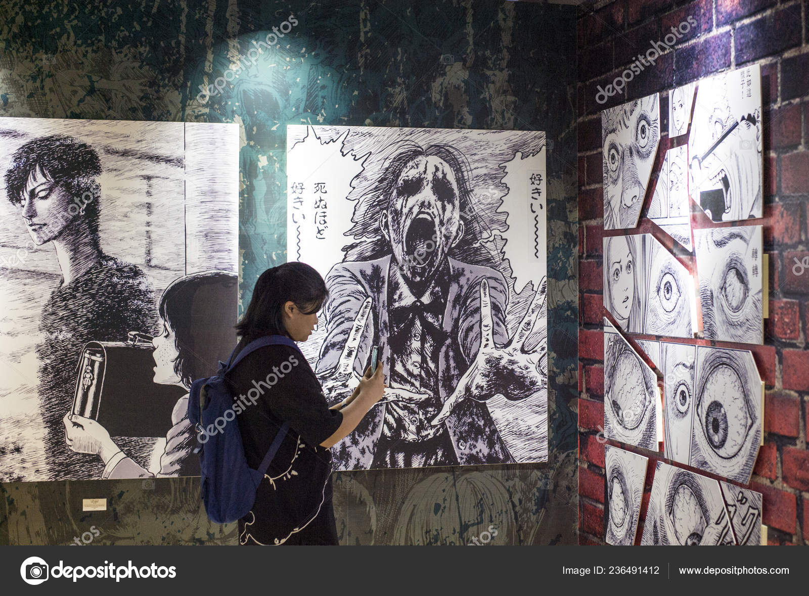 Visitor Takes Photos Artwork Displayed Personal Exhibition Japanese Horror Manga Stock Editorial Photo C Chinaimages 236491412