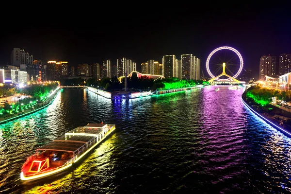 Νυχτερινή Σκηνή Του Tianjin Eye Για Χαιρετίσει 13Th Κινέζικο Εθνικό — Φωτογραφία Αρχείου