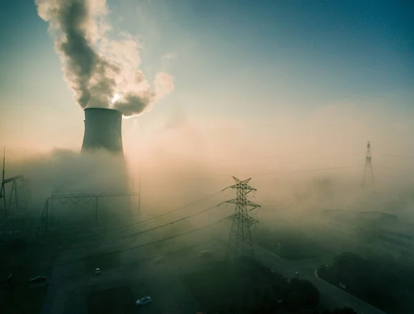 Fumée Est Évacuée Des Cheminées Centrale Électrique Jiangsu Xutang China — Photo
