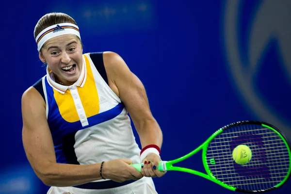 Jelena Ostapenko Letônia Devolve Uma Foto Para Garbine Muguruza Espanha — Fotografia de Stock