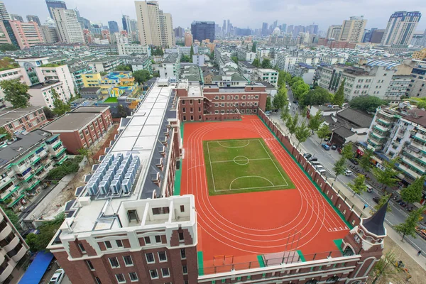 Aerial View Playground Built Rooftop European Style Castle Teaching Building — Stock Photo, Image