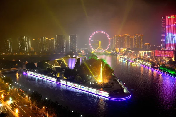 Νυχτερινή Σκηνή Του Tianjin Eye Για Χαιρετίσει 13Th Κινέζικο Εθνικό — Φωτογραφία Αρχείου