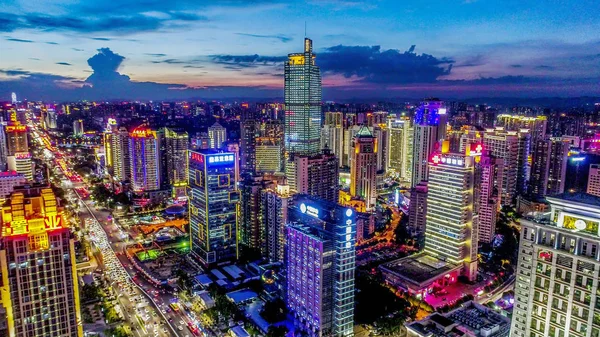 Aerial View Illuminated Busy Streets High Rise Buildings Nanning City — Stock Photo, Image