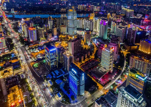 Luchtfoto Van Verlichte Drukke Straten Hoogbouw Nanning Stad Zuid China — Stockfoto
