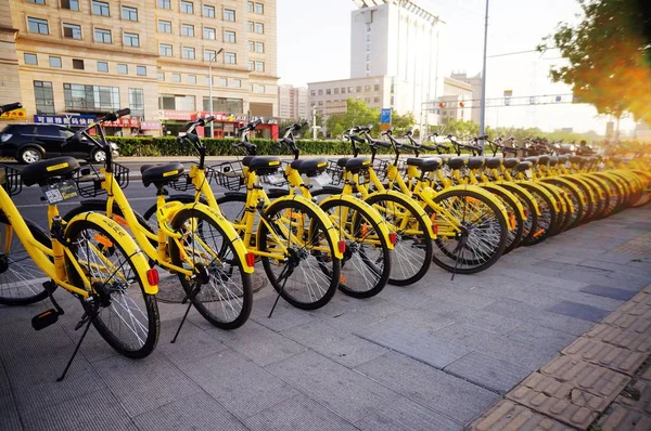 Bicycles Chinese Bike Sharing Service Ofo Lined Road Beijing China — Stock Photo, Image