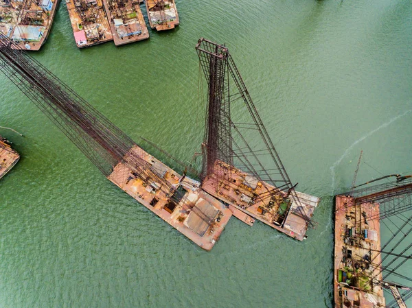 Vista Aérea Dragas Arena Autorizadas Atracando Reuniéndose Largo Del Lago — Foto de Stock