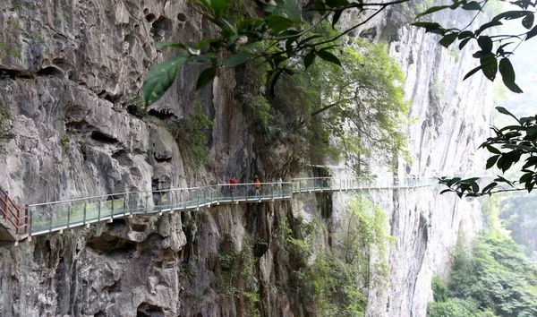 Los Turistas Caminan Una Carretera Tablón Hecha Vidrio Construida Largo — Foto de Stock