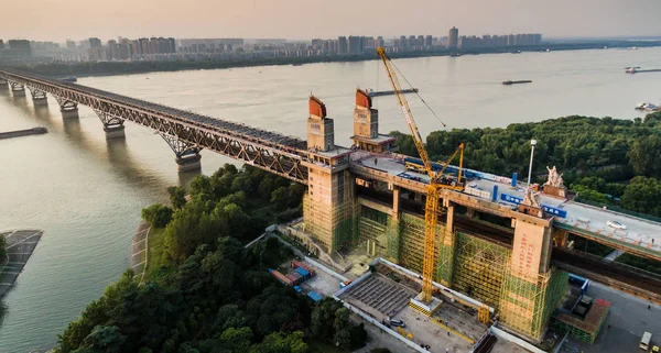 Vista Aérea Estrutura Aço Ponte Rio Nanjing Yangtze Após Piso — Fotografia de Stock