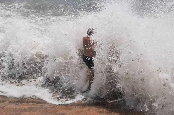 Turist Plockar Upp Kelp Som Vågor Från Tidvattens Borrning Orsakad — Stockfoto