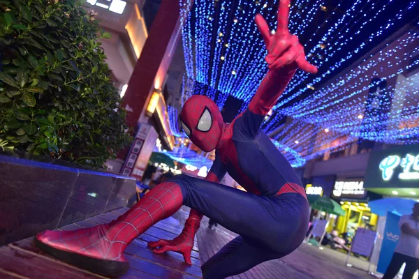 Year Old Chinese Coser Zeng Dressed Spider Man Poses Cinema — Stock Photo, Image