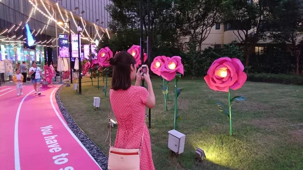 Customer Takes Photos Pink Installations Display Crystal Galleria Shopping Mall — Stock Photo, Image