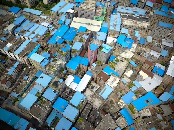 Vue Aérienne Toits Bleus Construits Illégalement Par Des Propriétaires Appartements — Photo