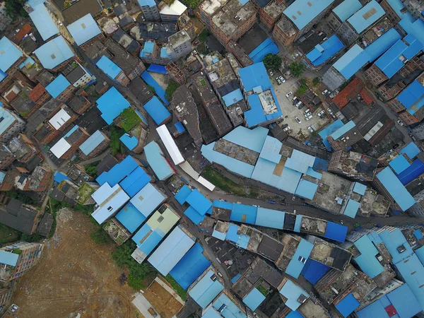 Aerial View Illegally Built Blue Rooftops Built Apartment Owners Residential — Stock Photo, Image