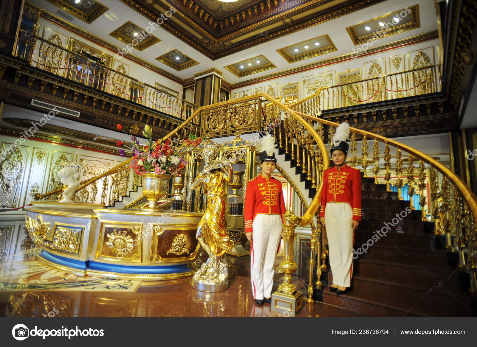 Chinese Employees Dressed Royal Palace Servant Costumes Pose