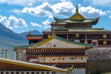 Landscape of A rou Big Temple, the world's largest tent monastery, near Qilian county, northwest China's Qinghai province, 16 August 2017 clipart