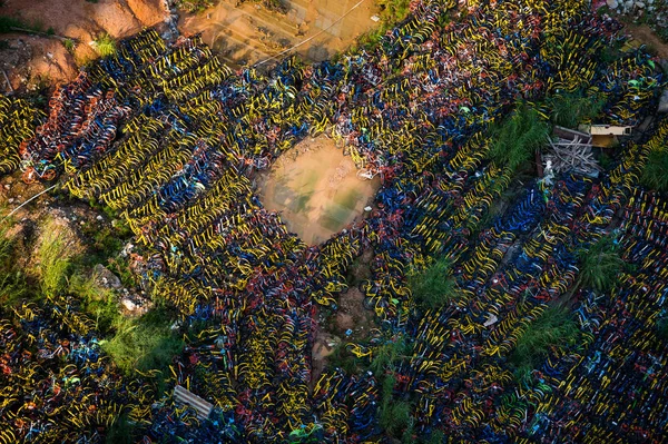 Letecký Pohled Kola Mobike Oranžová Ofo Žlutá Xiaoming Danche Nebo — Stock fotografie