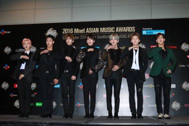 Members of South Korean boy group Monsta X attend a press conference for the 2016 Mnet Asian Music Awards (MAMA) in Hong Kong, China, 2 December 2016.