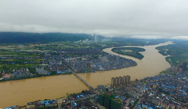 Vista Aérea Del Río Rongjiang Inundado Causado Por Fuertes Lluvias —  Fotos de Stock