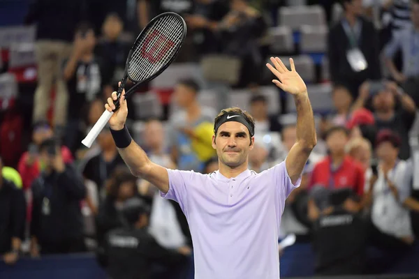Roger Federer Suiza Celebra Después Derrotar Diego Schwartzman Argentina Partido — Foto de Stock