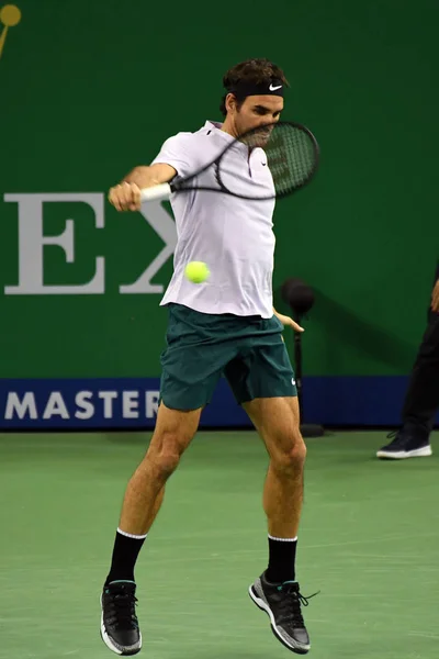Roger Federer Schweiz Returnerar Ett Skott Till Juan Martin Del — Stockfoto