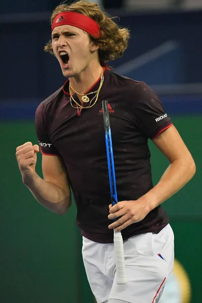 stock image Alexander Zverev of Germany reacts after scoring against Juan Martin del Potro of Argentina in their third round match of men's singles during the Shanghai Rolex Masters tennis tournament in Shanghai, China, 12 October 2017