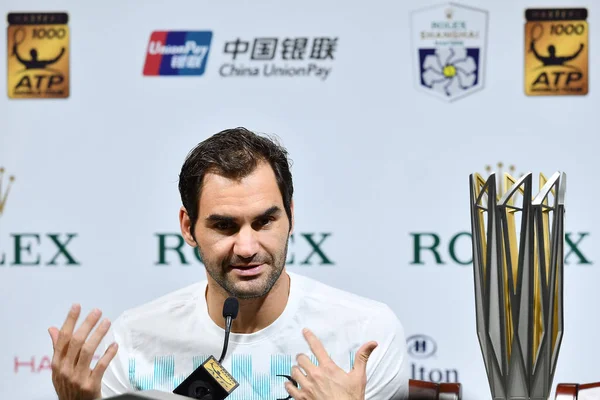 Roger Federer Suiza Asiste Una Conferencia Prensa Después Derrotar Rafael — Foto de Stock