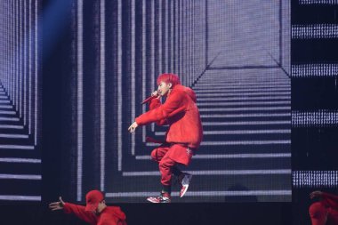 South Korean singer and Bigbang leader G-Dragon Kwon Ji-yong performs at his Art III motte concert in Taipei, Taiwan, 8 October 2017 clipart