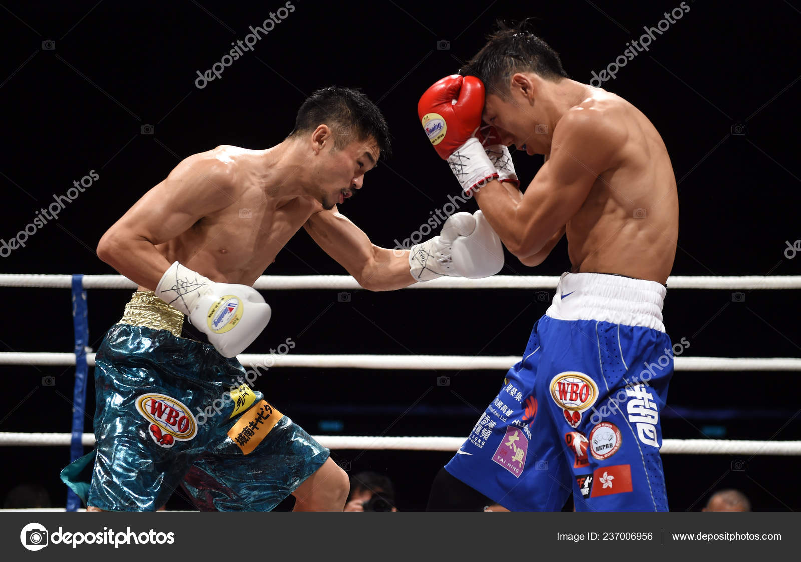 香港的雷克斯曹成宇在2017年10月8日于中国香港香港会议展览中心举行的Wbo 超级飞重冠军争夺战中与日本的河野科平比赛——