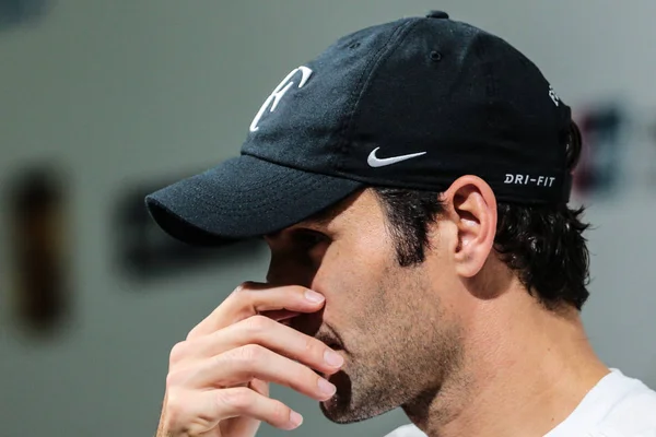 Tenista Suizo Roger Federer Asiste Una Conferencia Prensa Después Derrotar — Foto de Stock