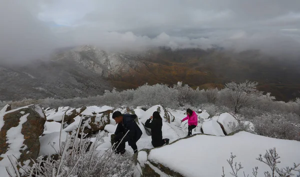 Návštěvníci Sněhuláci Labagou Lese Scenic Resort Okrese Huairou Sněžení Pekingu — Stock fotografie