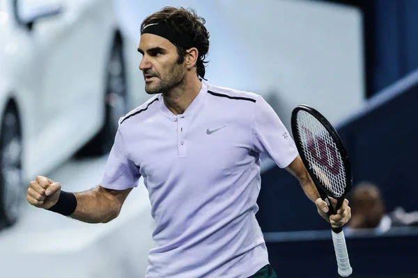 Roger Federer Suíça Reage Depois Marcar Contra Juan Martin Del — Fotografia de Stock
